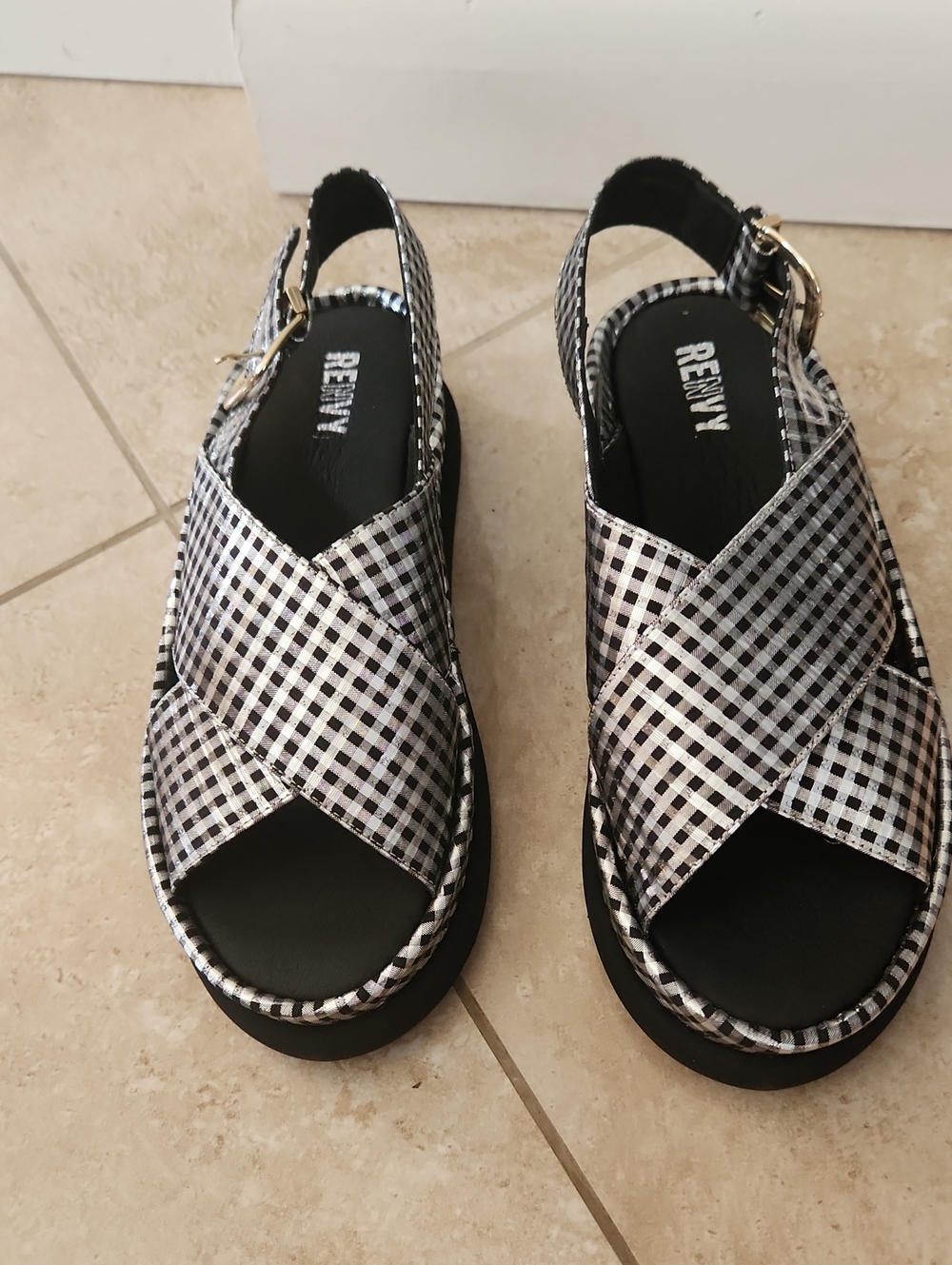 RENVY silver and black small Gingham check sandals